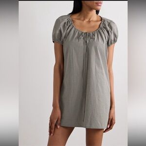 Deji studios tie-detailed gathered checked organic poplin mini dress xs
